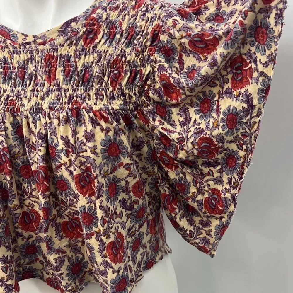Free People small floral boho flutter sleeve linen cotton cropped top
